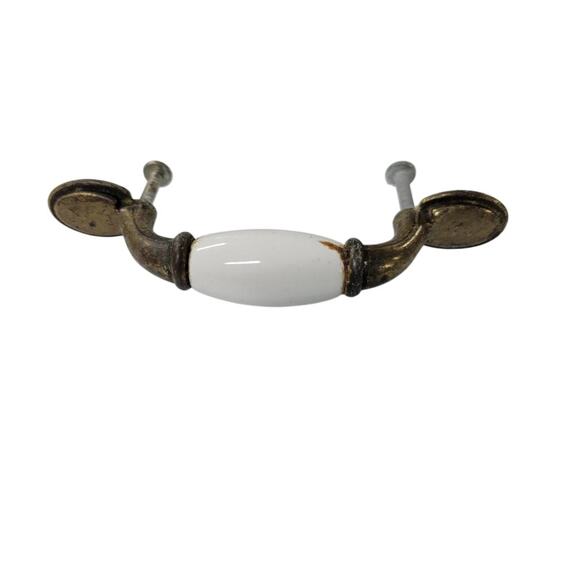 Lot of 4 Vintage Brass Porcelain Cabinet Pulls Handles White 5" 3" Taiwan - Picture 1 of 6